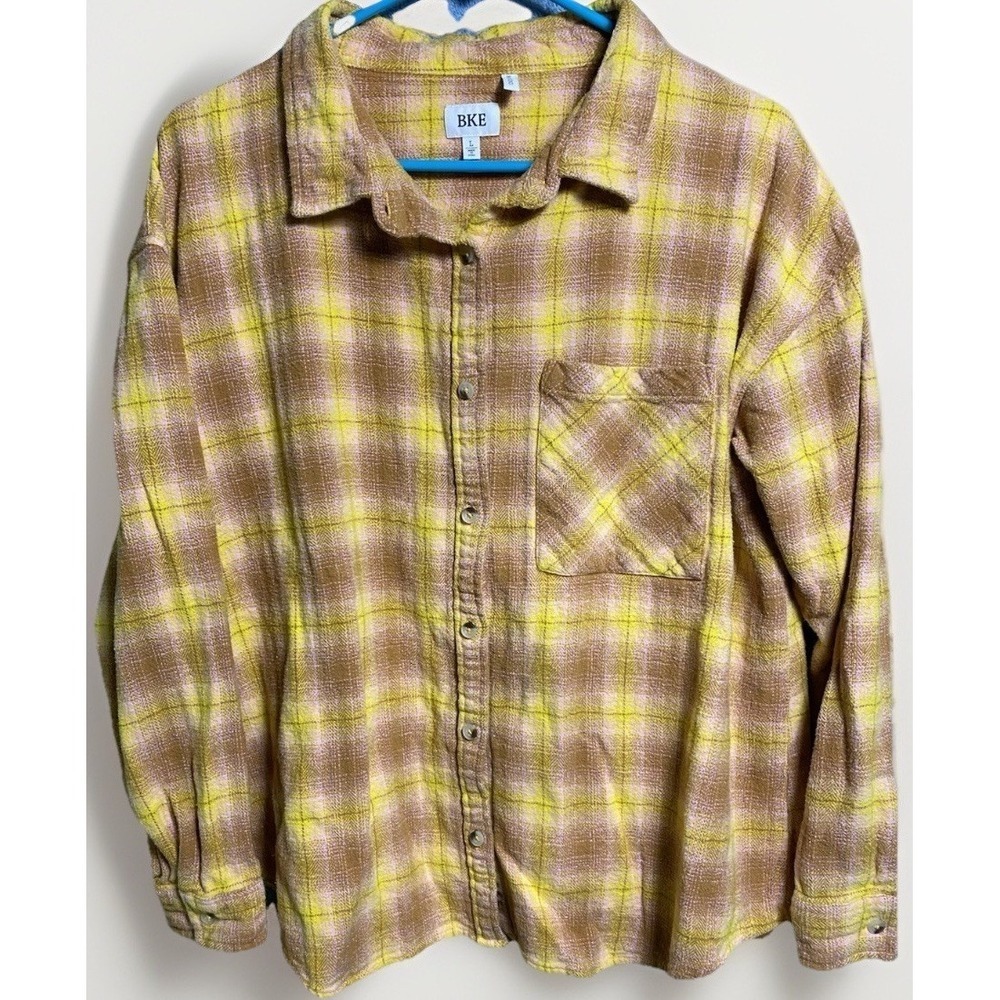 BKE Boyfriend Flannel Shirt Womens L Yellow Brown Pink Plaid Cotton Button Up